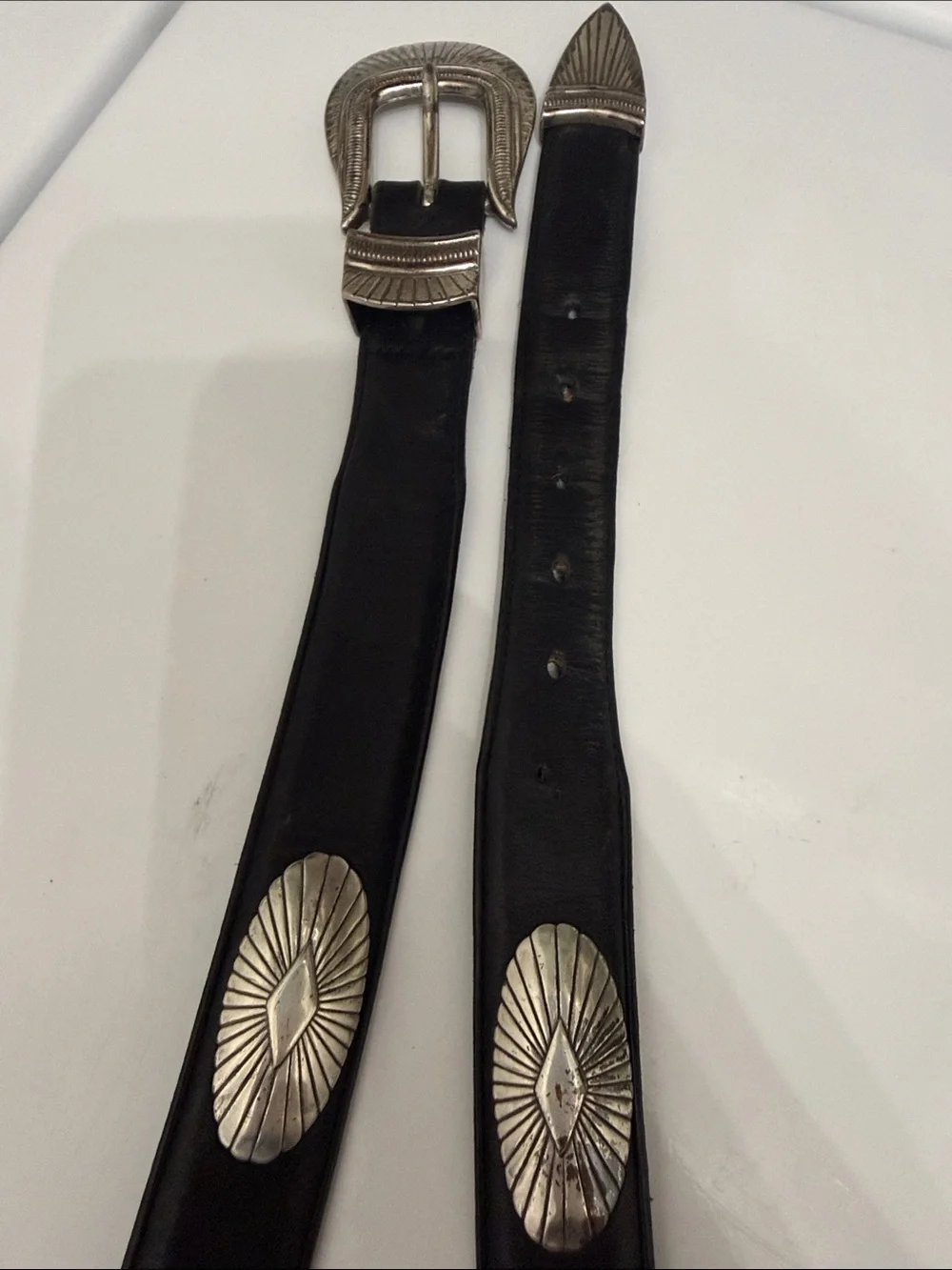 Vintage 1990s Onyx by Brighton Black Leather Western Concho Belt.